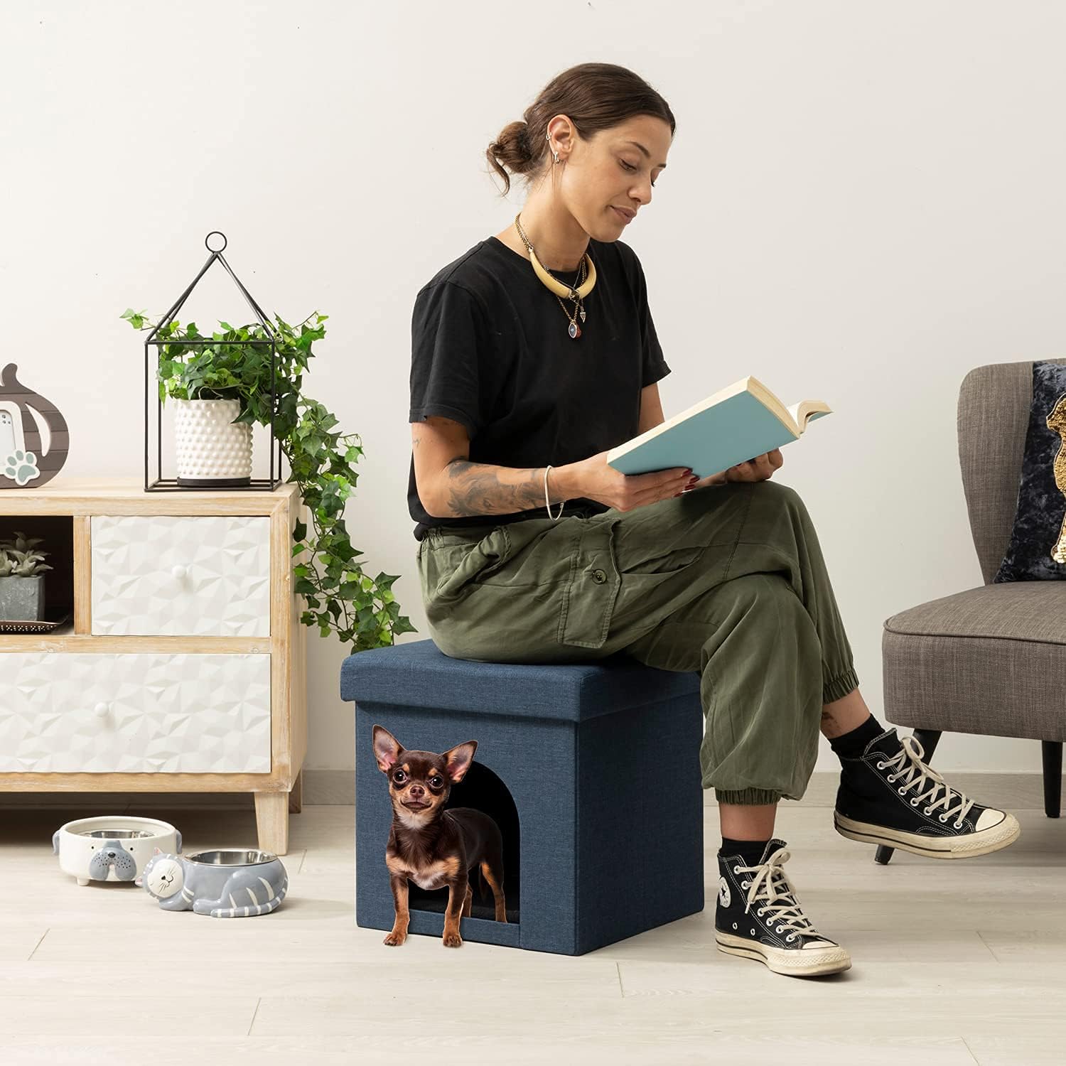 Detalle de Baroni Home Cuccia Cane, Cuccia Gatto e Pouf Pieghevole Blu 38x38x38 cm