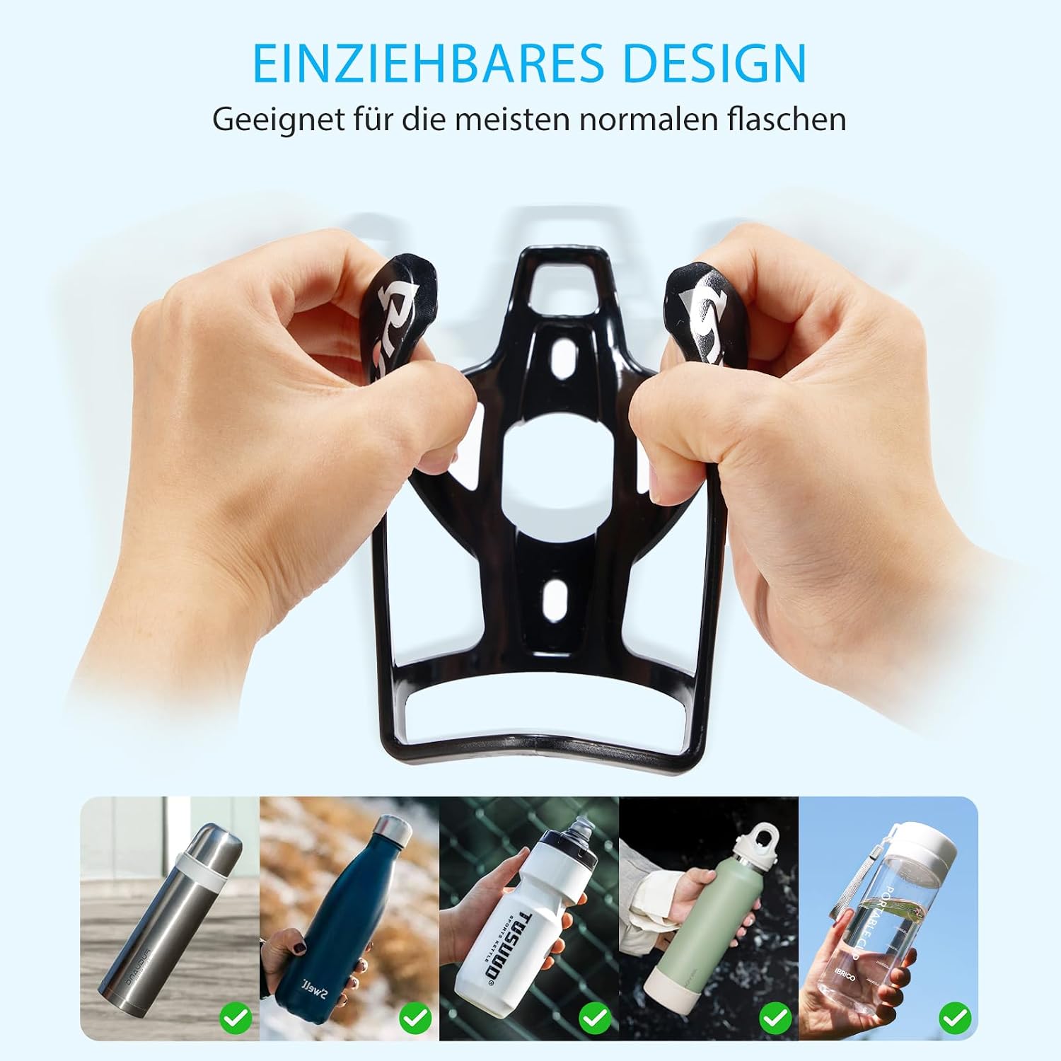 Detalle de Elalove 2er Set Flaschenhalter Fahrrad – universeller, leichter PC-Flaschenhalter für 0,5–1,1 l Flaschen (Schwarz)
