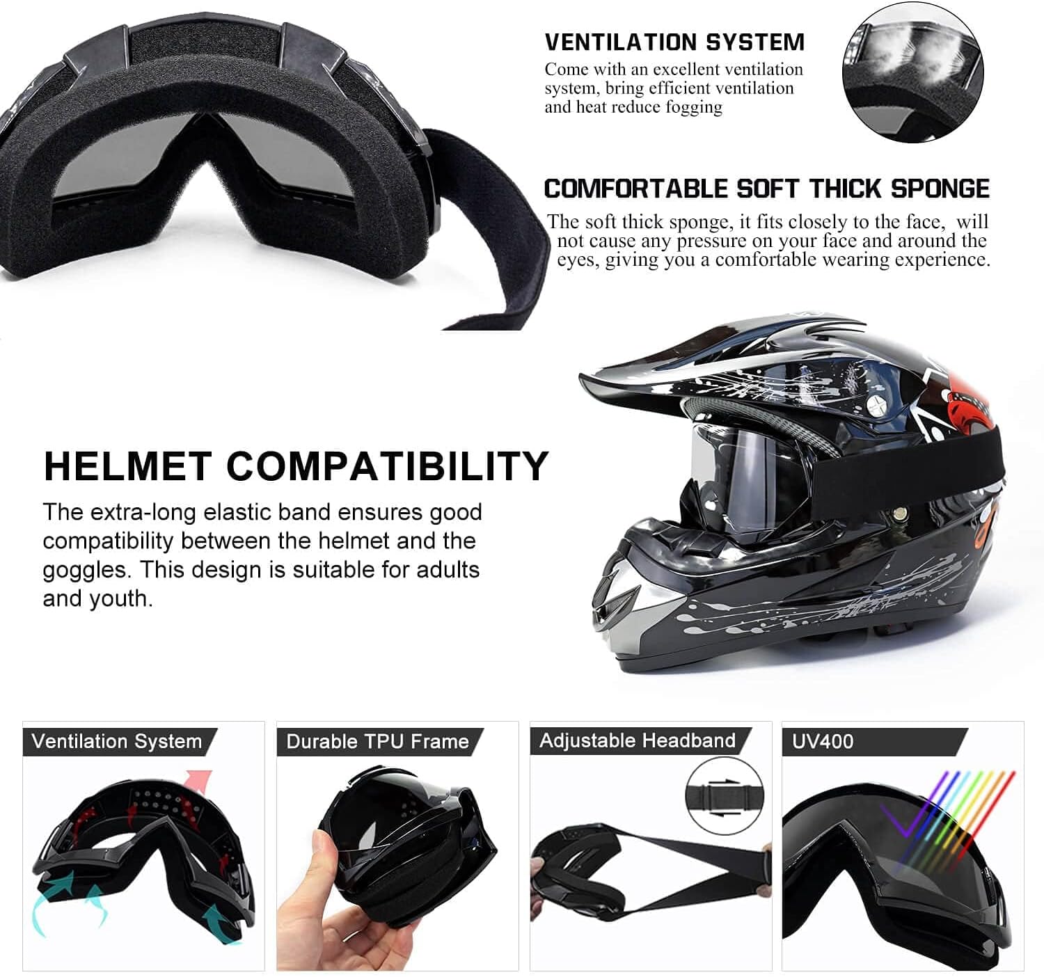 Detalle 2 de FMY Motorcycle Motocross Goggles for Men, Women & Youth – UV400 Anti-Scratch, Anti-Fog, Airflow Comfort