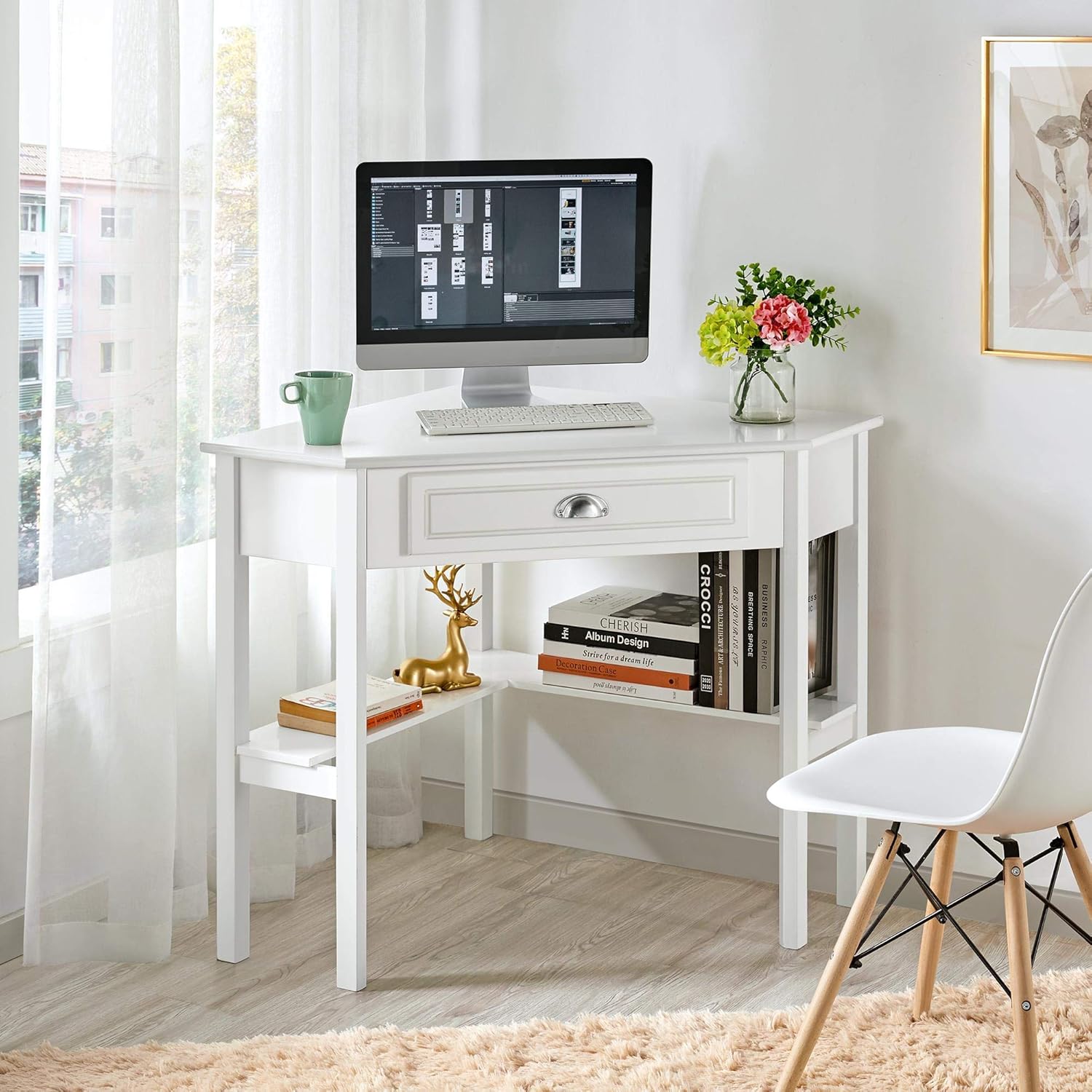 Thumbnail 1 de Yaheetech Scrivania Angolare 106×71,5 cm Bianco