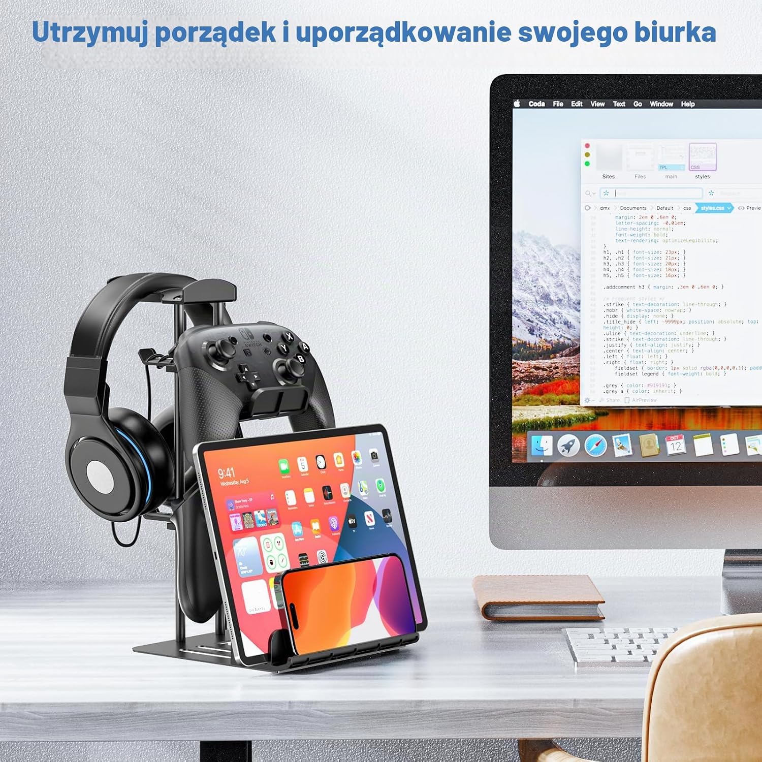 Detalle de KDD KDD-713 – aluminiowy stojak na słuchawki i kontrolery z organizerem kabli