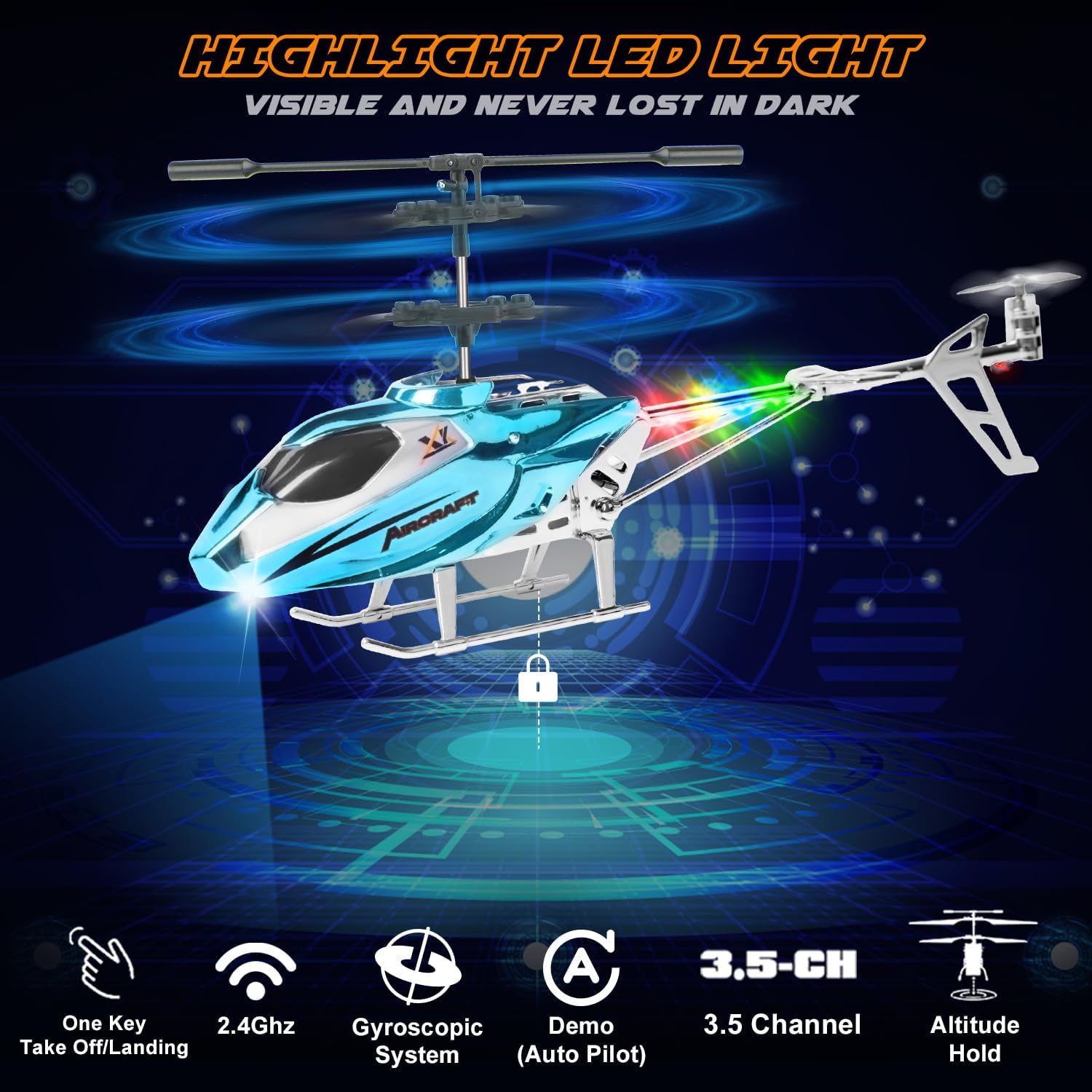 Detalle de TERRAMUS Remote Control Helicopter for Kids — 2.4G Altitude Hold, LED Lights and Gyro