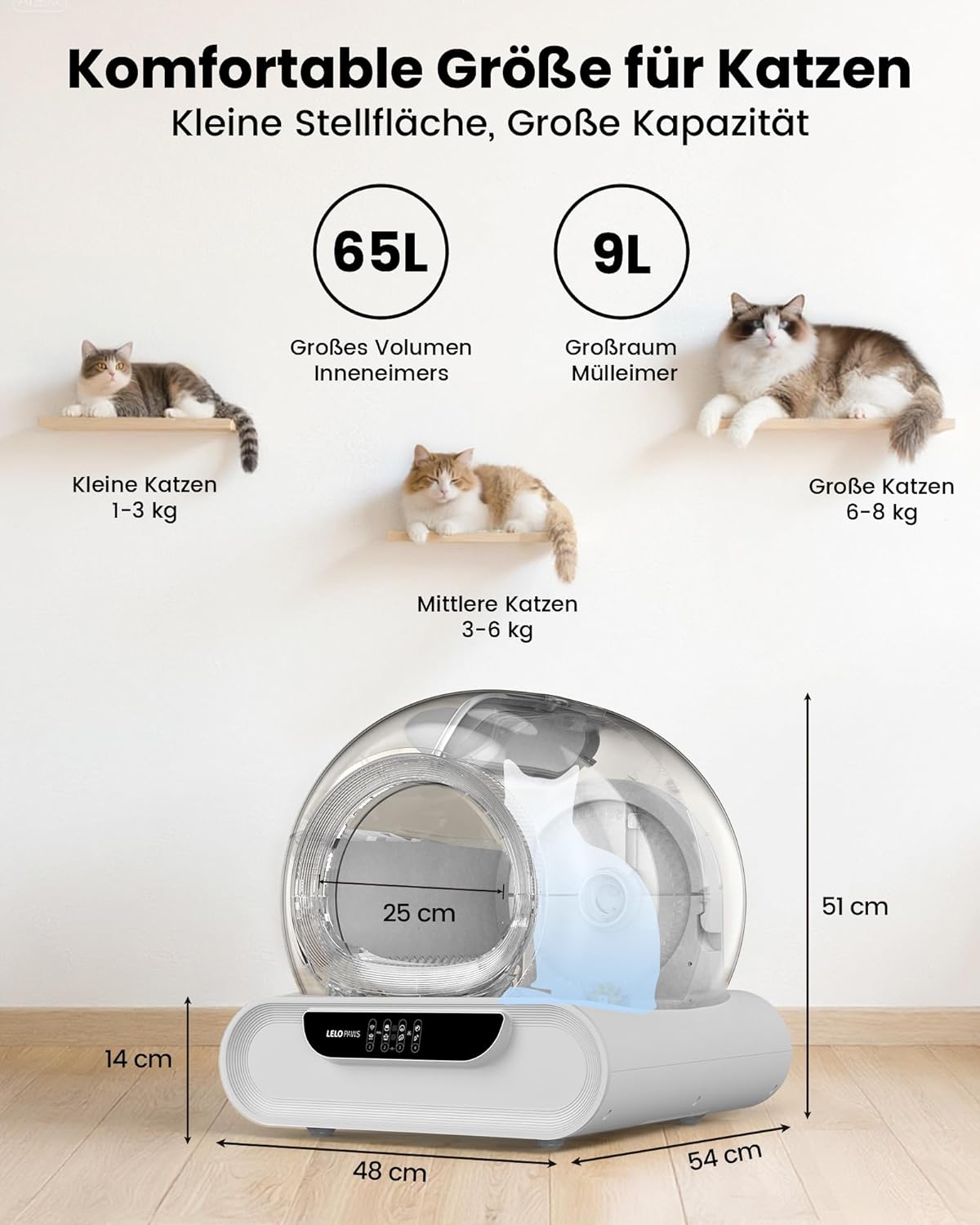 Thumbnail 4 de LELO PAWS Selbstreinigende Katzentoilette XXL – 65 L Innenraum, App-Überwachung, Türvorhang, Grau