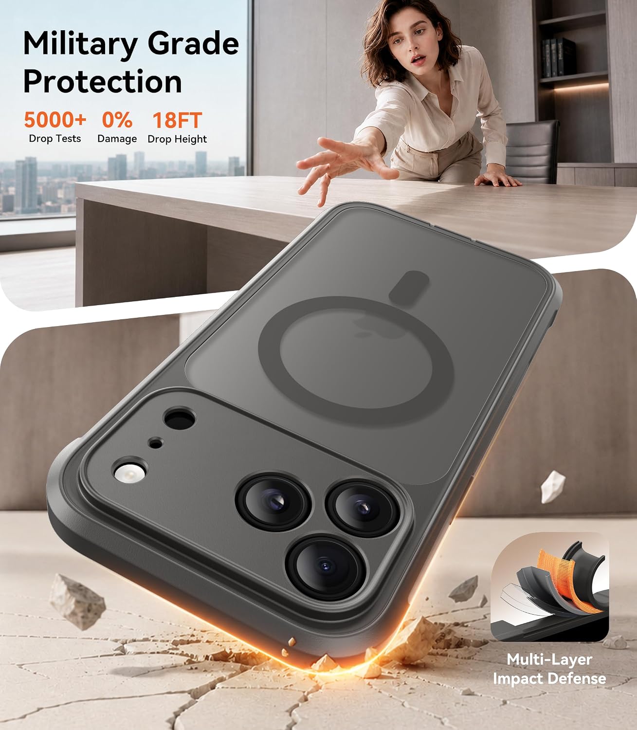 Detalle de BERFY iPhone 17 Pro Max Case with Built-in Privacy Screen — MagSafe Compatible, 360° Shield in Clear Grey