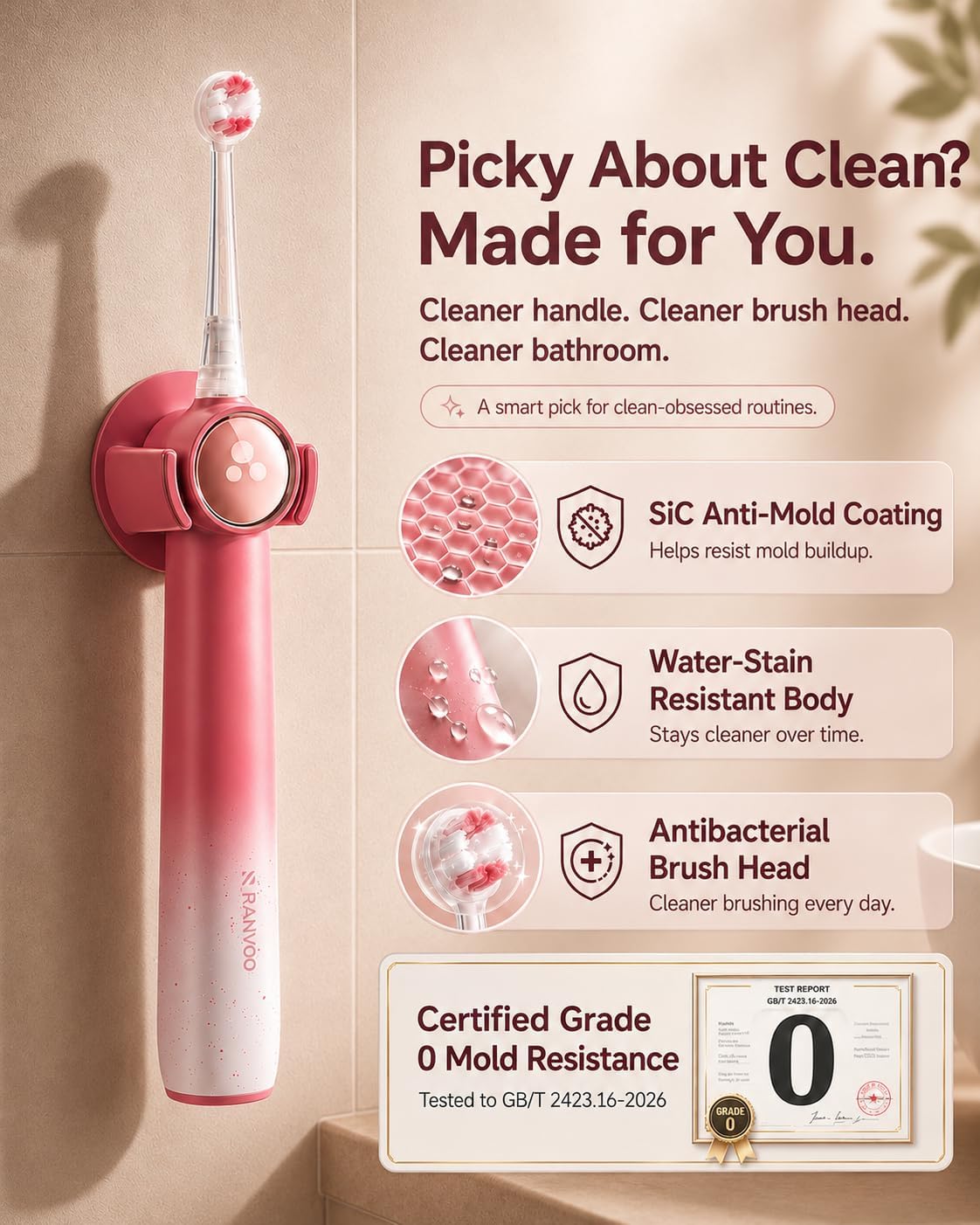 Detalle de RANVOO AirJet X5 Electric Toothbrush — 2026 Special Edition in Cyclamen Pink
