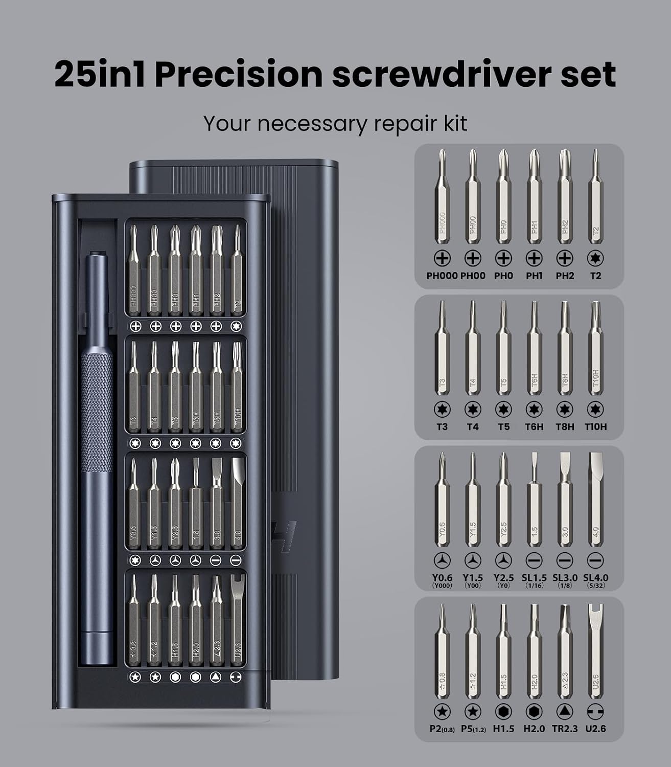 Detalle de AXTH 25-IN-1 Precision Screwdriver Set, 24 Bits, Magnetic Tips