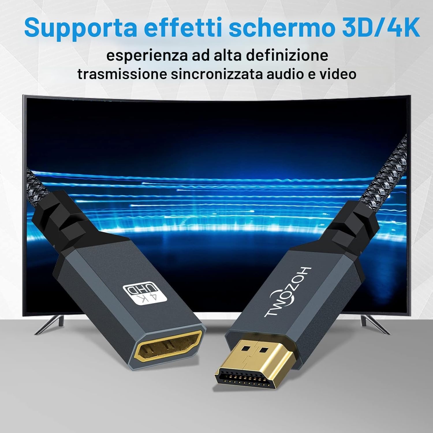 Detalle de Twozoh Cavo di prolunga HDMI da maschio a femmina, 2 m, intrecciato nylon e 4K@60Hz