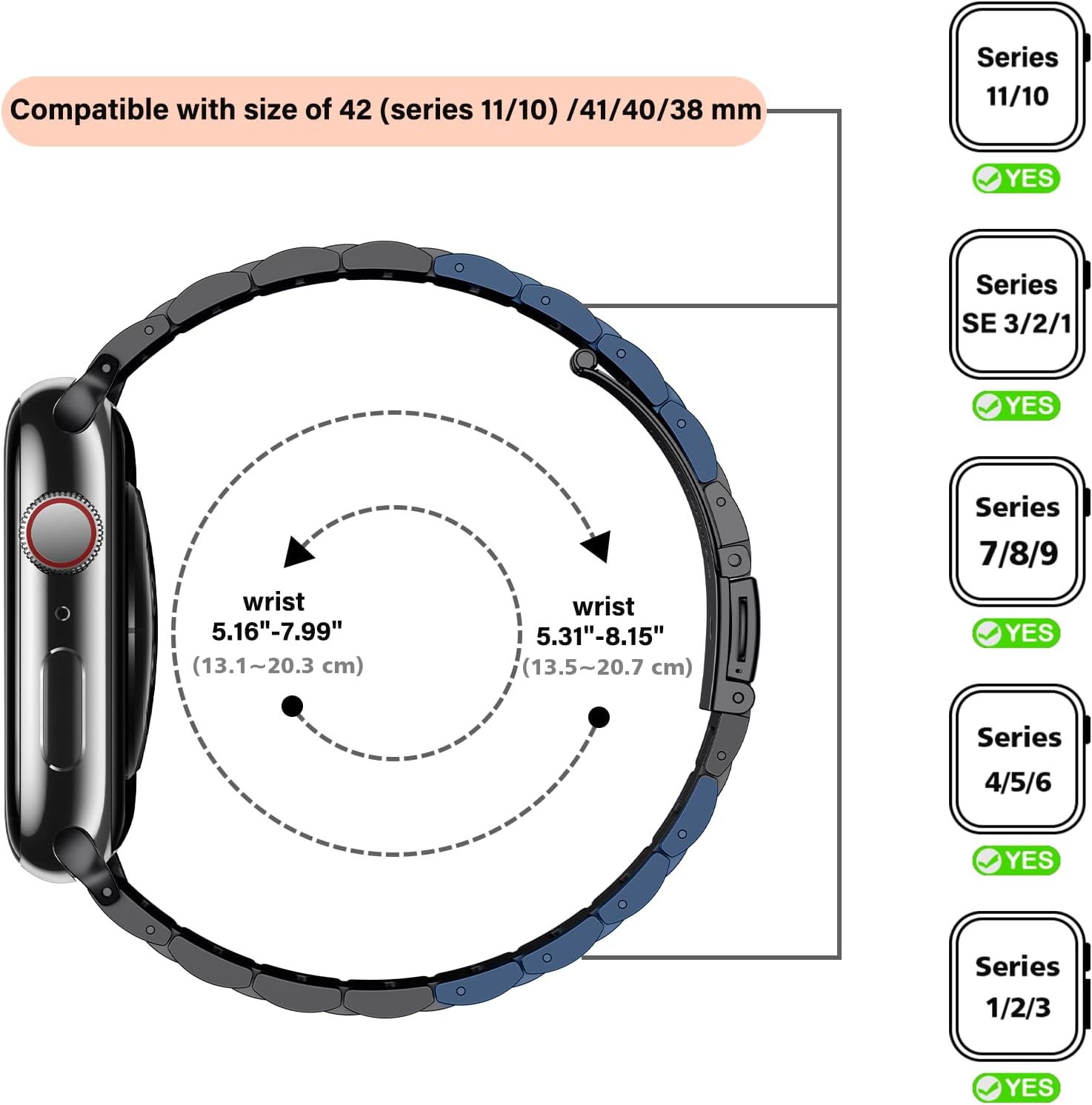 Detalle de Tasikar Thin Stainless Steel Apple Watch Band (38–42mm) – Sleek Black Metal Strap for Series 1–11