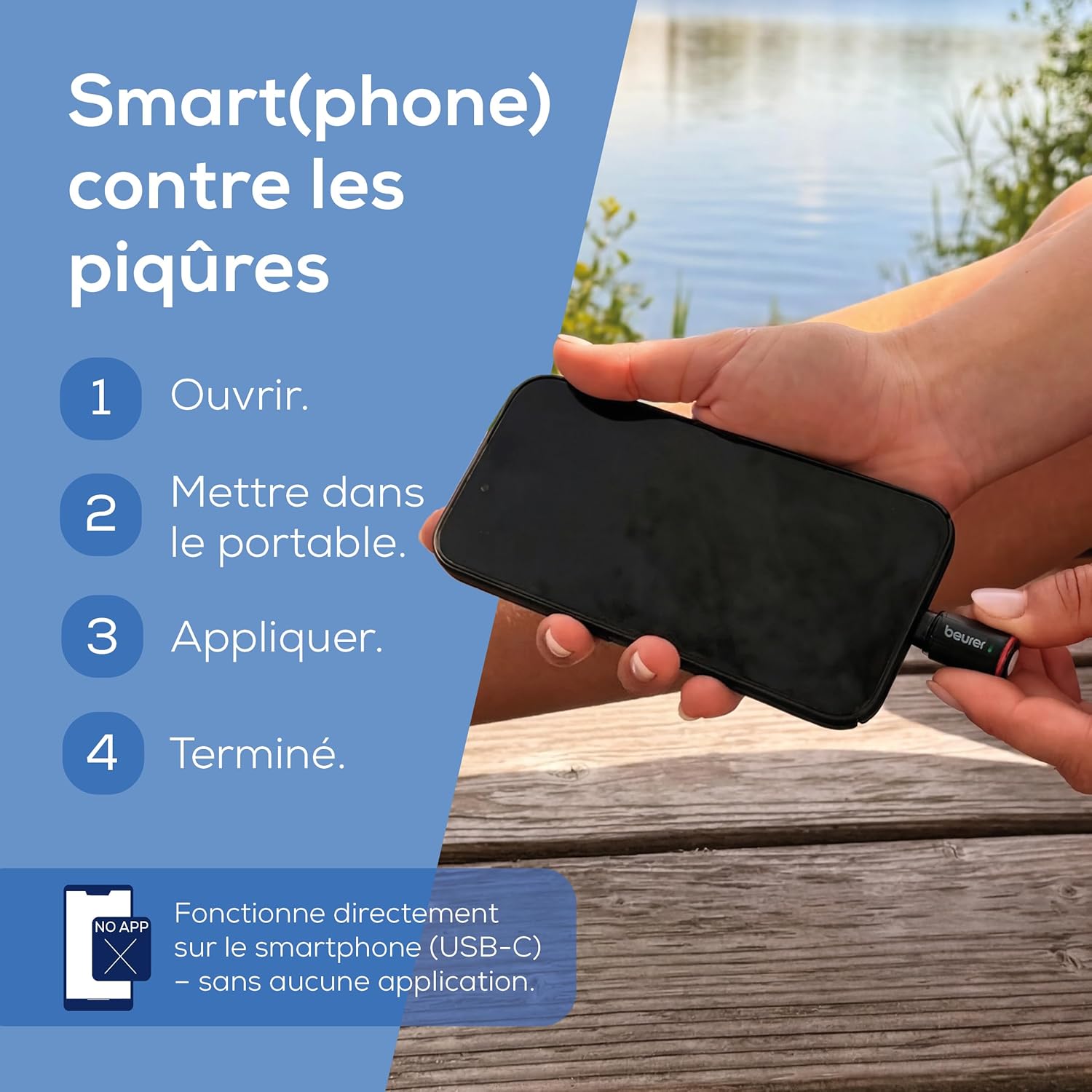 Detalle de Beurer BiteX Go Deep Black — Dispositif USB‑C pour soulager les démangeaisons des piqûres et morsures