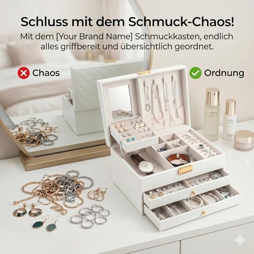 Detalle de AJIEQAQ Schmuckkästchen Weiß mit Spiegel – 3 Ebenen, 2 Schubladen, praktische Schmuckaufbewahrung