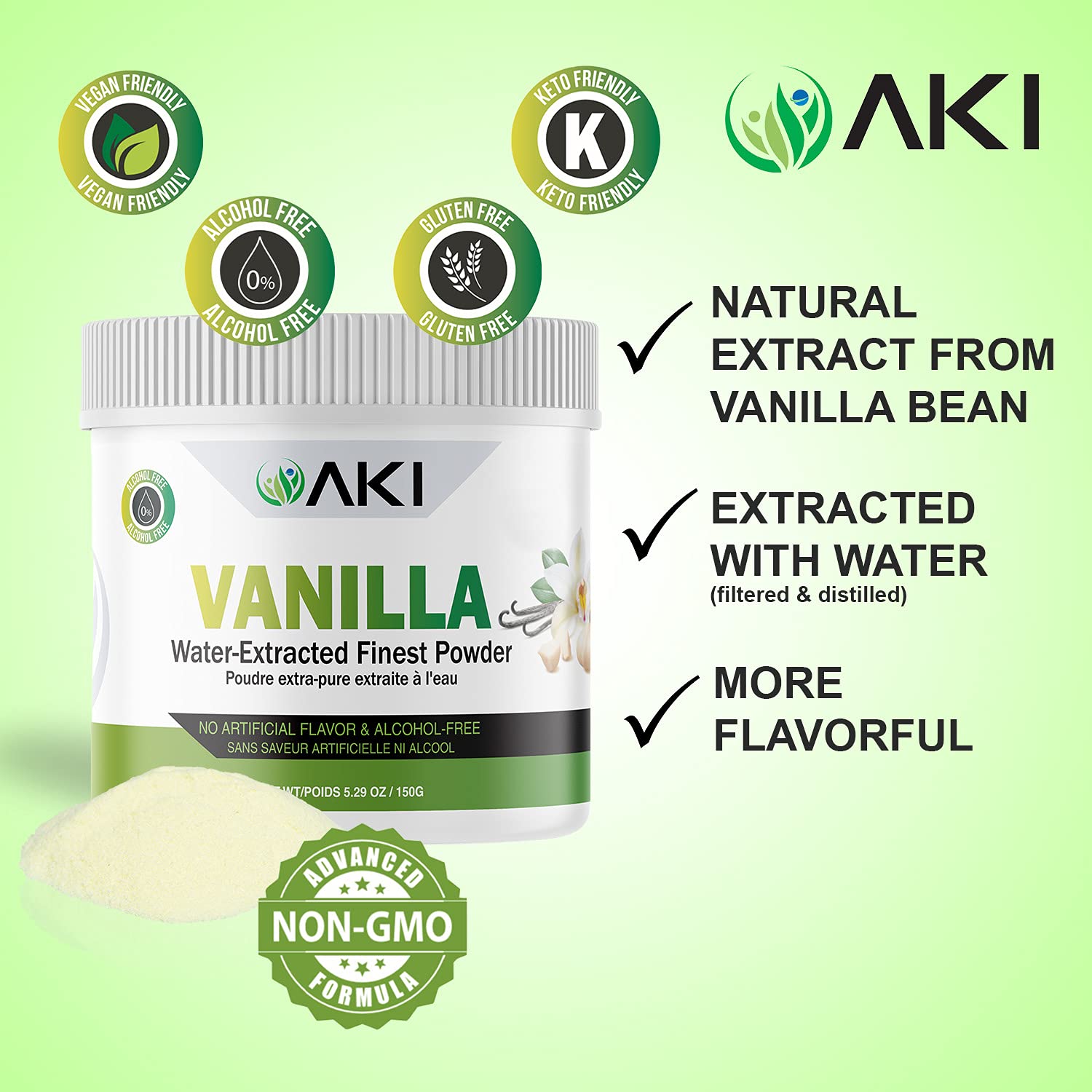 Detalle 1 de AKI ORGANIC Vanilla Extract Powder, Alcohol-Free, Non-GMO, 5.29 oz
