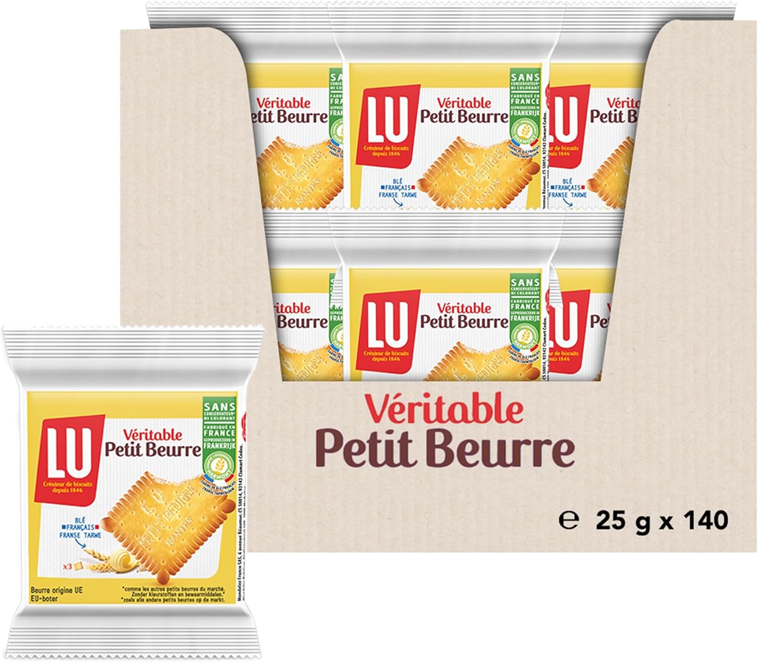 LU Véritable Petit Beurre — Lot de biscuits en sachets individuels (140 sachets, 25 g) pour un goûter pratique