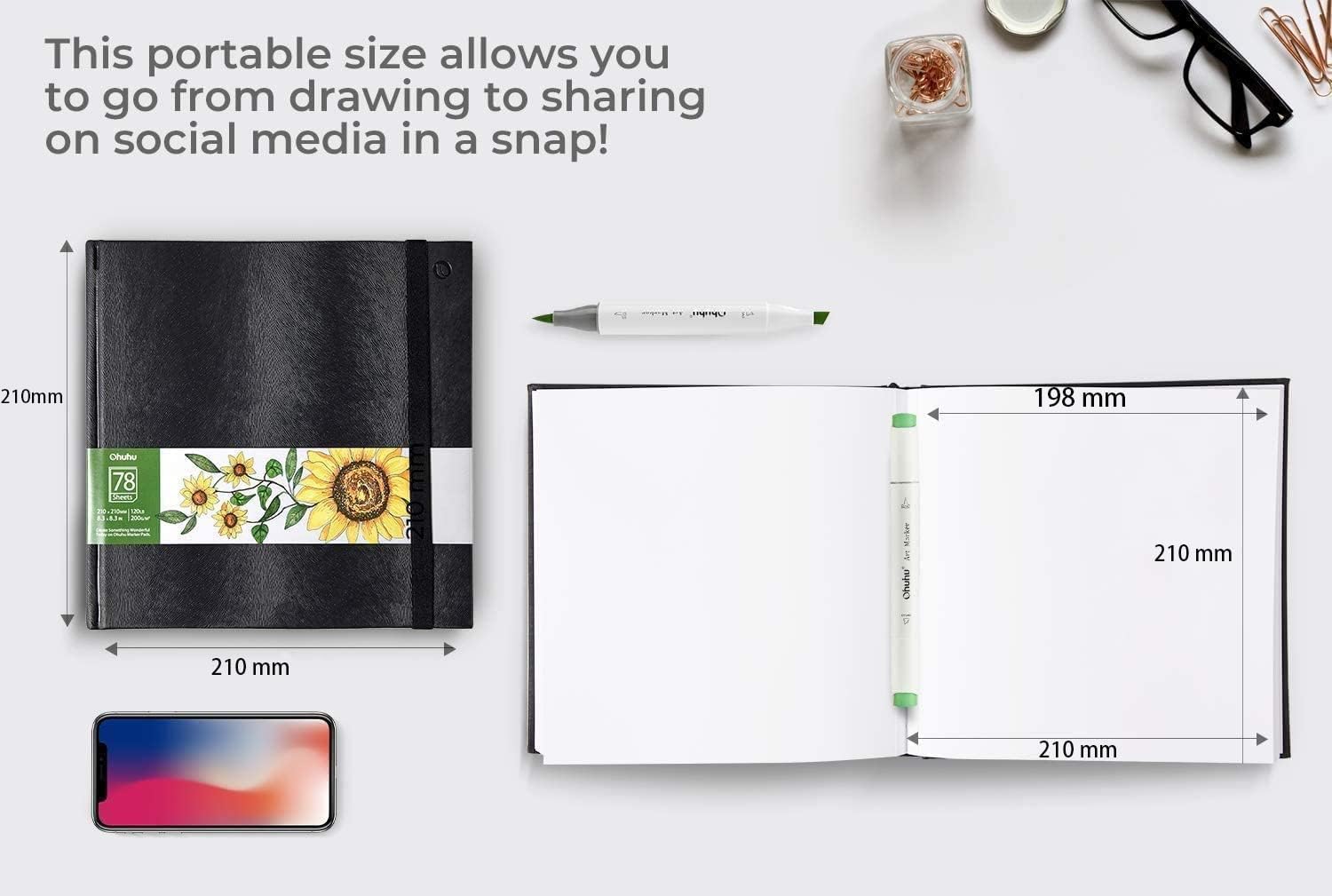 Detalle de Ohuhu Marker Sketchbook (Square 21×21cm) 200GSM Acid-Free Paper, 156 Pages with PU Hardcover
