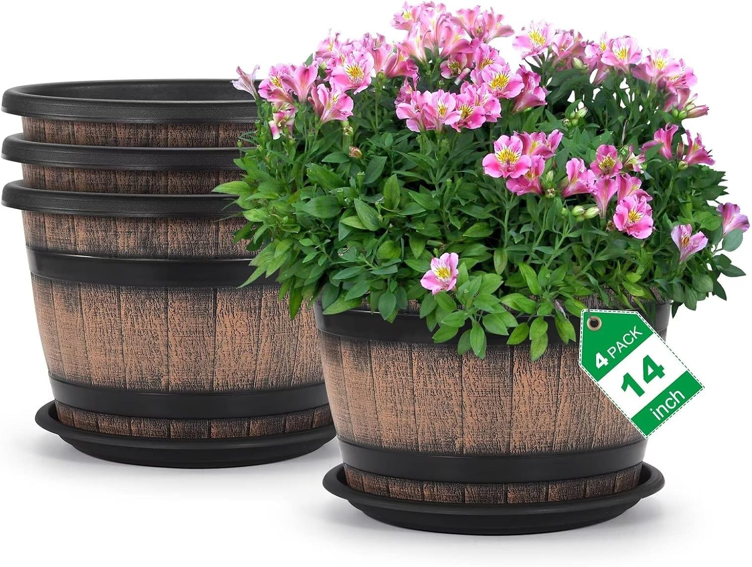 Detalle de Quarut JND-88-22 14-Inch Plastic Whiskey Barrel Planters, 4-Pack with Saucers