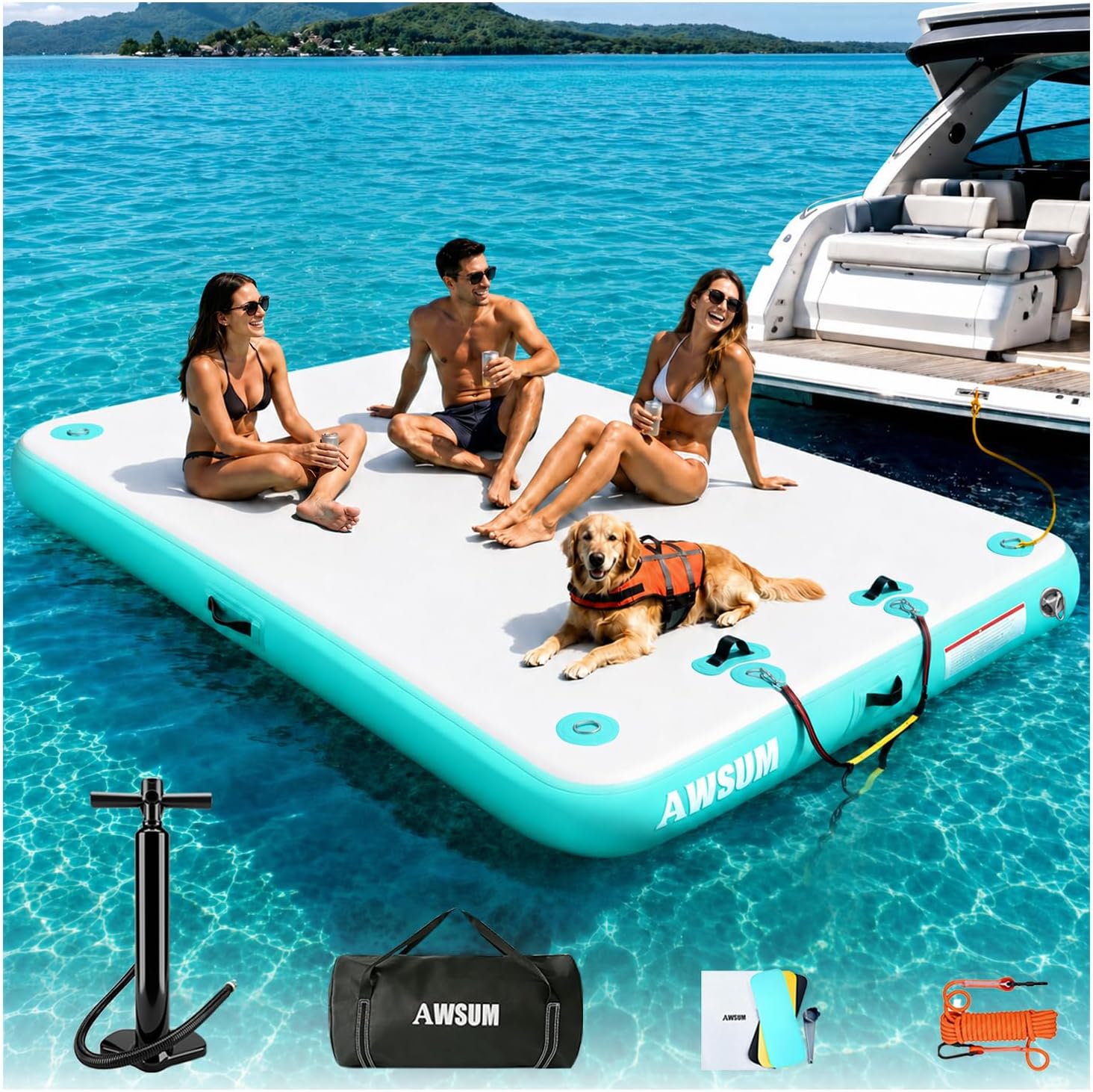 Detalle de AWSUM Inflatable Floating Dock Air Dock Platform — Stable, Modular Floating Island for Lakes, Pools, and Beaches