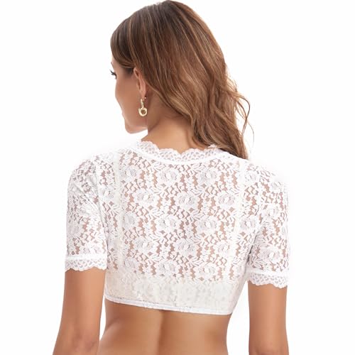 Thumbnail 2 de Adisno Dirndl Bluse Damen – Spitzen-Verzierungen, tiefem V-Ausschnitt, Weiß, Gr. 36