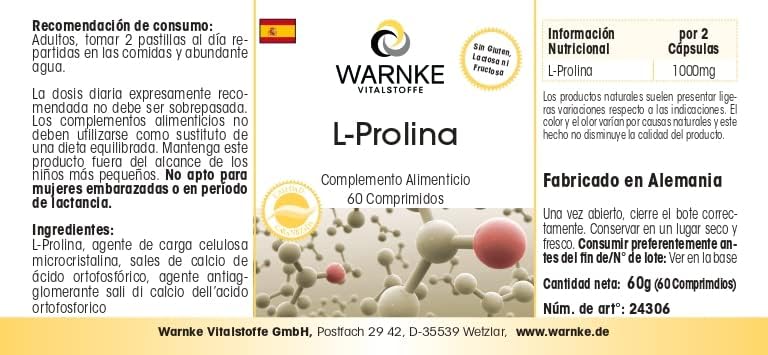 Thumbnail 2 de Warnke Vitalstoffe L-Prolina 500mg Vegana 60 comprimidos 💊