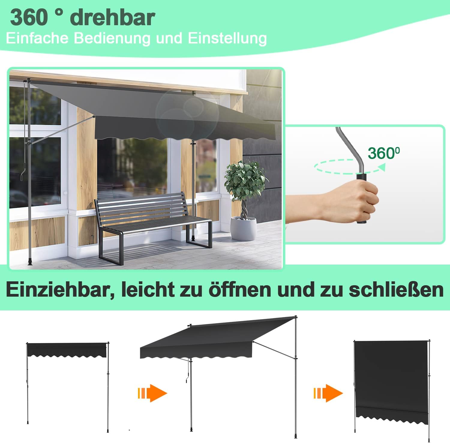 Thumbnail 4 de Ikodm Klemmmarkise 350 cm – Grau, Handkurbel, ohne Bohren, UV50+, wasserabweisend