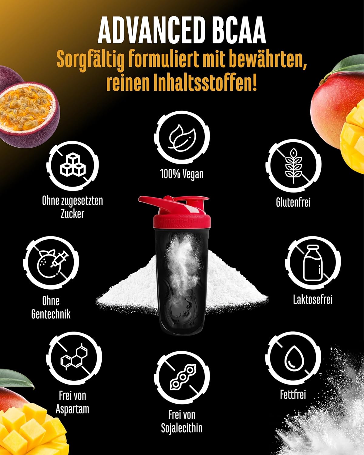 Thumbnail 3 de Advanced BCAA Pulver 450 g – 2:1:1 Aminosäuren mit L-Glutamin & Taurin, vegan, instant & lecker (Mango Passionsfrucht)