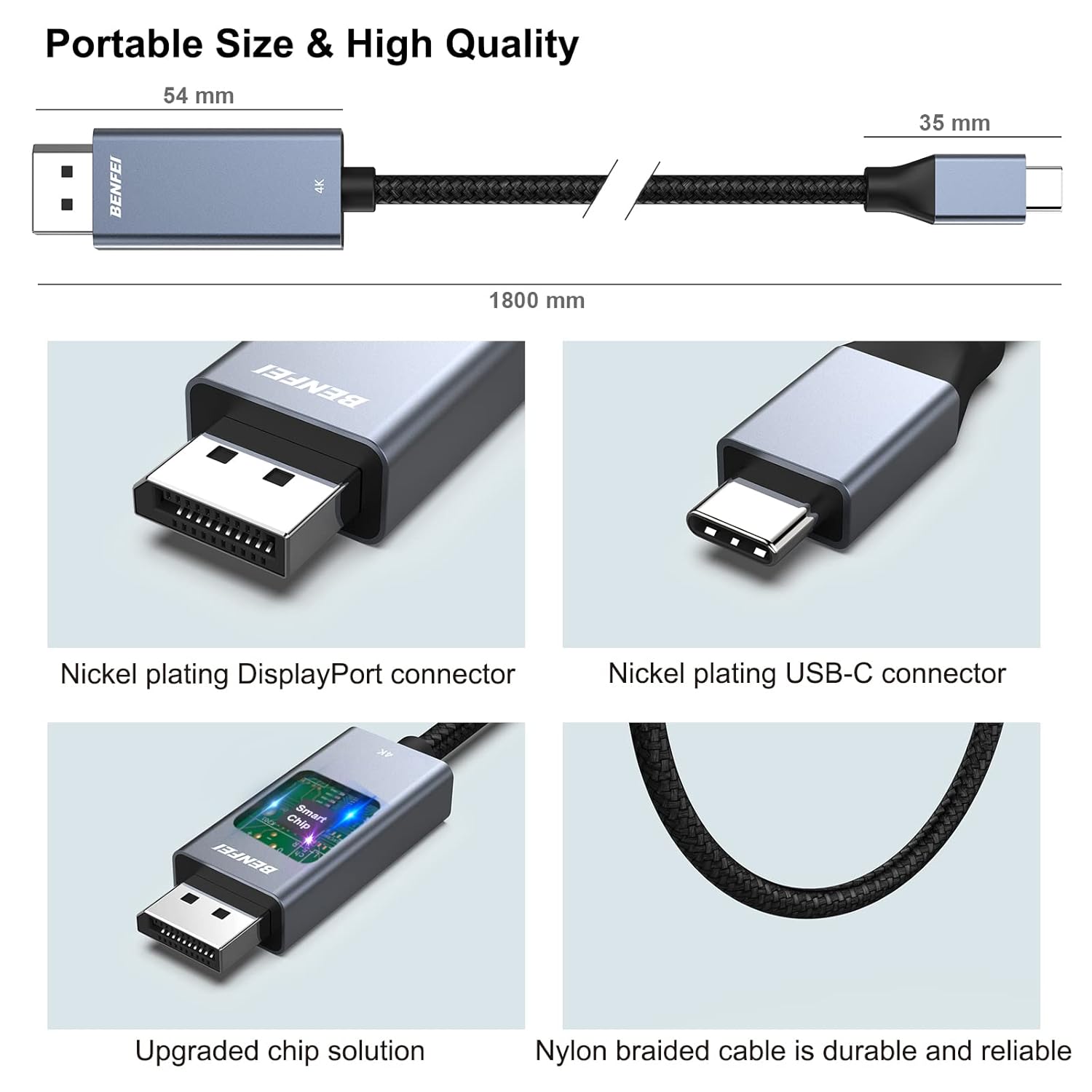 Thumbnail 6 de BENFEI USB-C to DisplayPort Cable (4K@60Hz) – 1.8m, Gold-Plated, Aluminium Shell