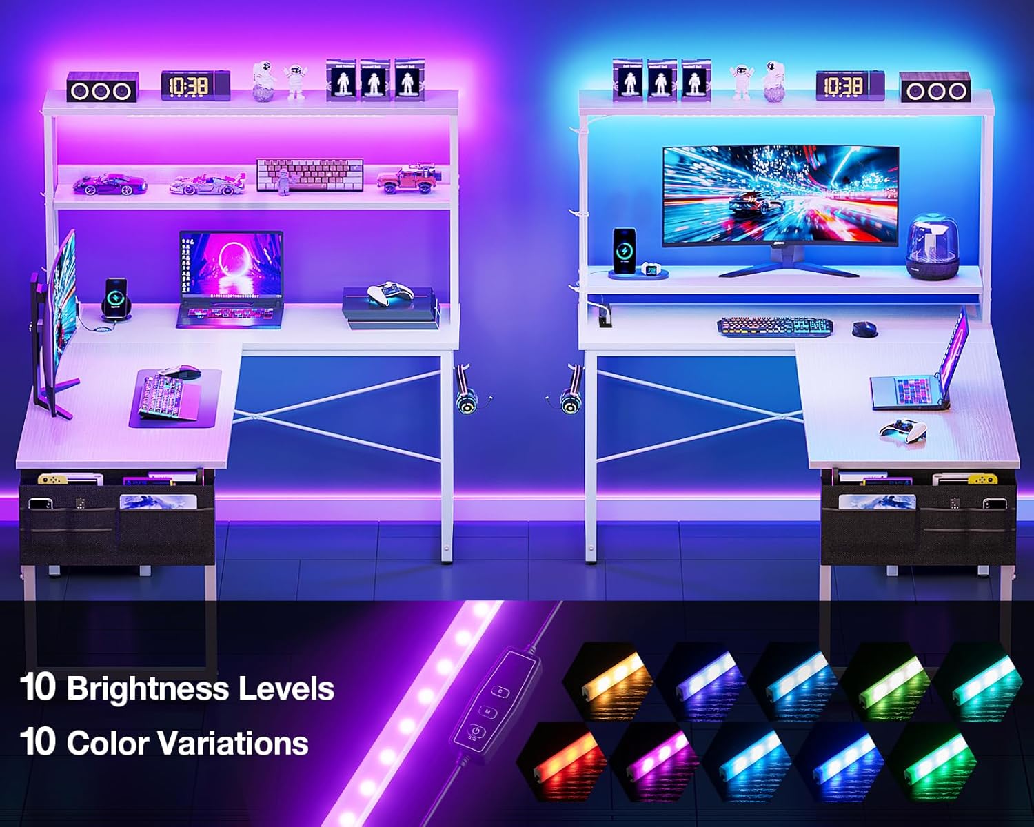 Thumbnail 3 de Coleshome L-shaped gaming desk with LED lights, power outlet & reversible corner layout (110 × 80 cm) – White