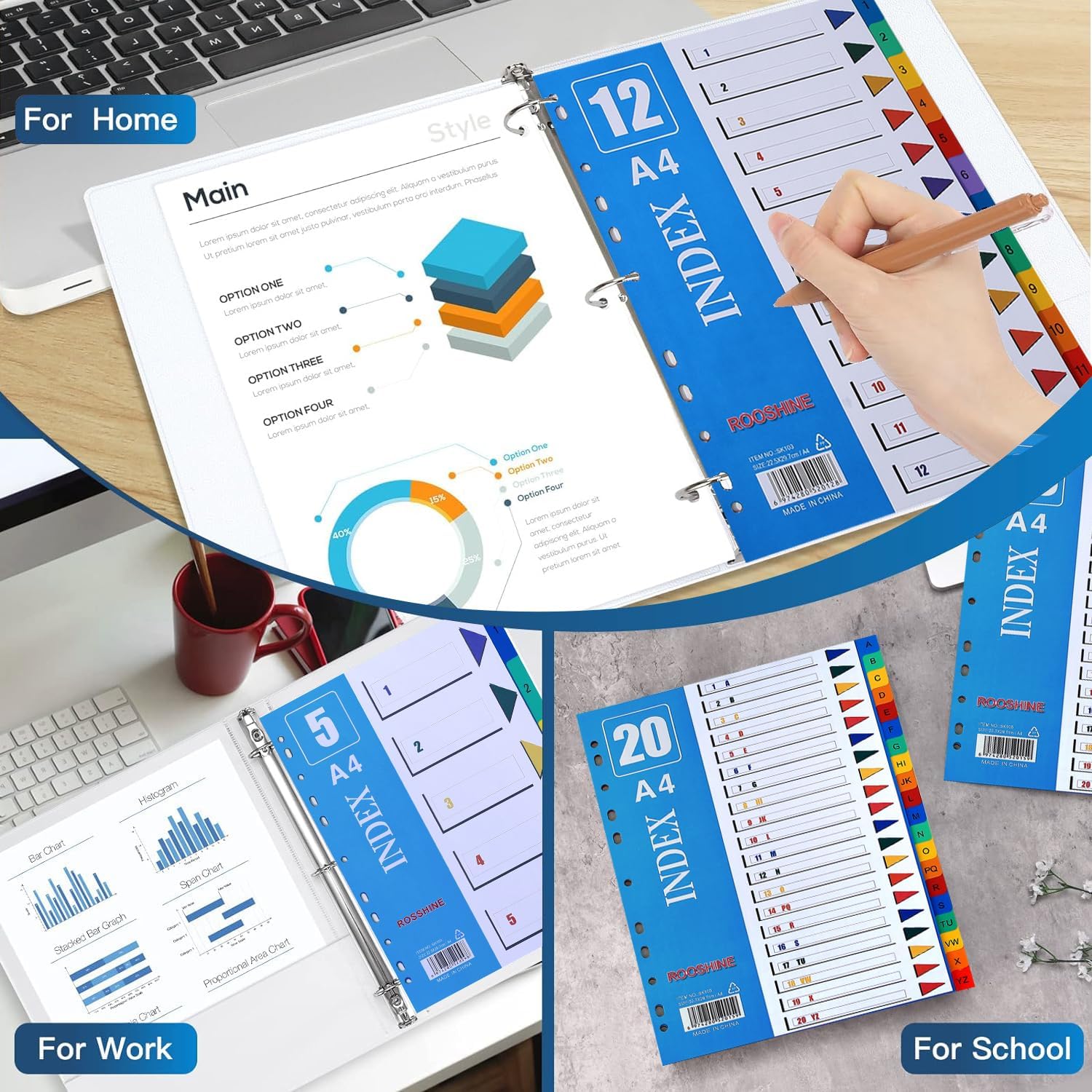 Detalle 1 de ROSHINE 1–12 A4 Part File Dividers (10-pack) with 11-Hole Design and Colour Index Set