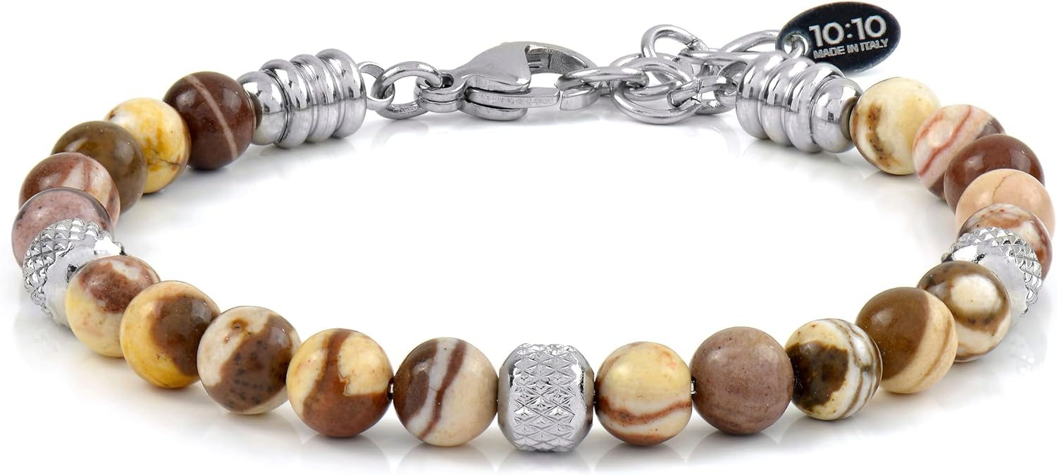 Detalle de 10:10 Bracciale con pietre naturali agata Picasso da 6 mm — acciaio inox, 21 cm, produzione italiana