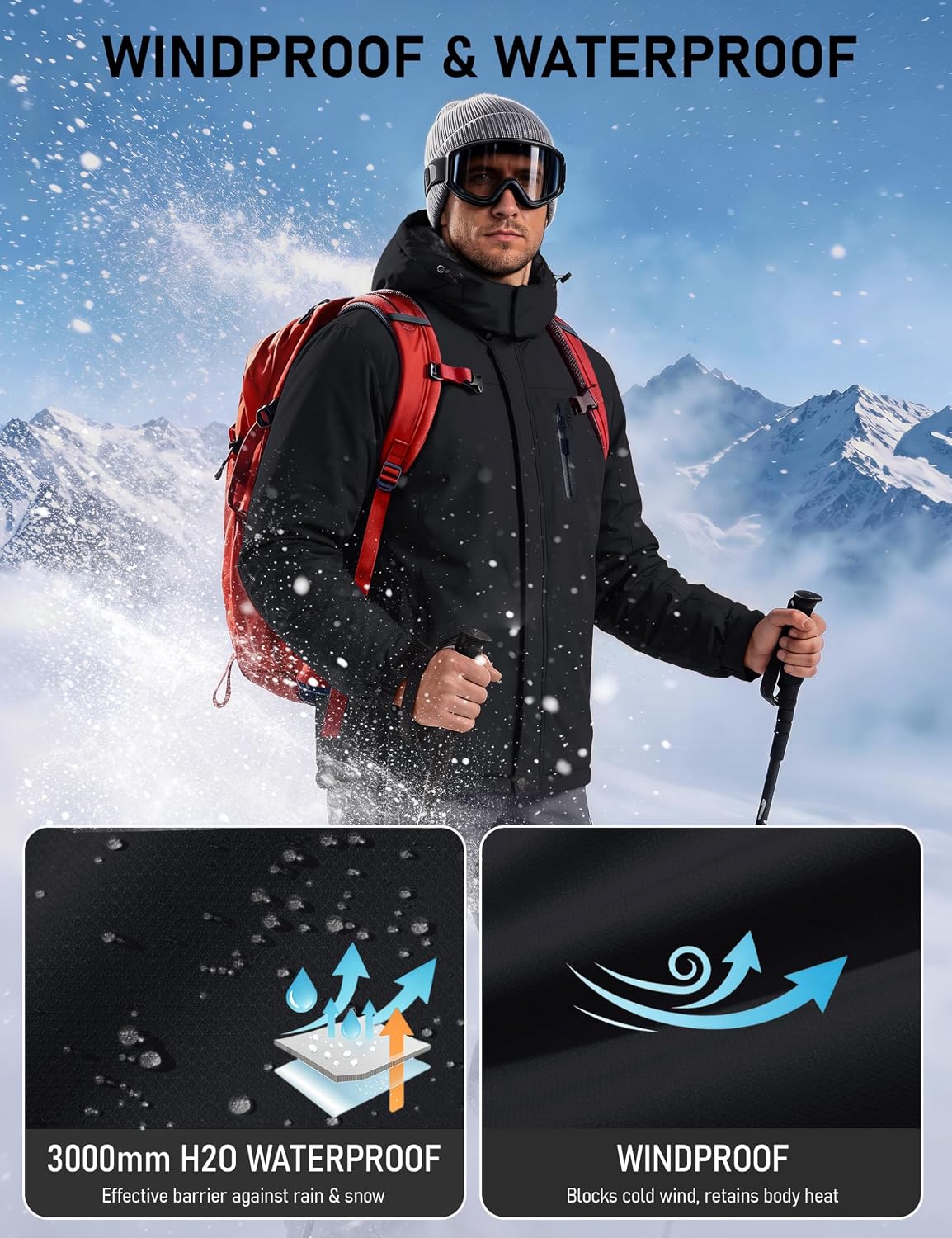Detalle de MAGCOMSEN Men's Ski Jacket, Fleece-Lined Water-Resistant Snowboard Hoodie