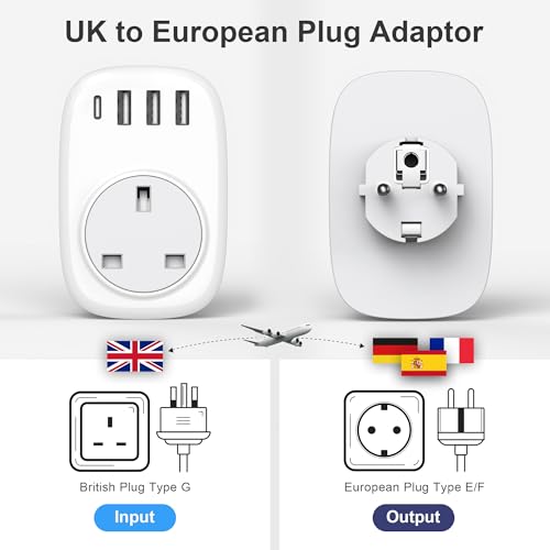 Detalle de Tusreda UK to EU Plug Adaptor (Type E/F) with USB-C and USB-A Ports