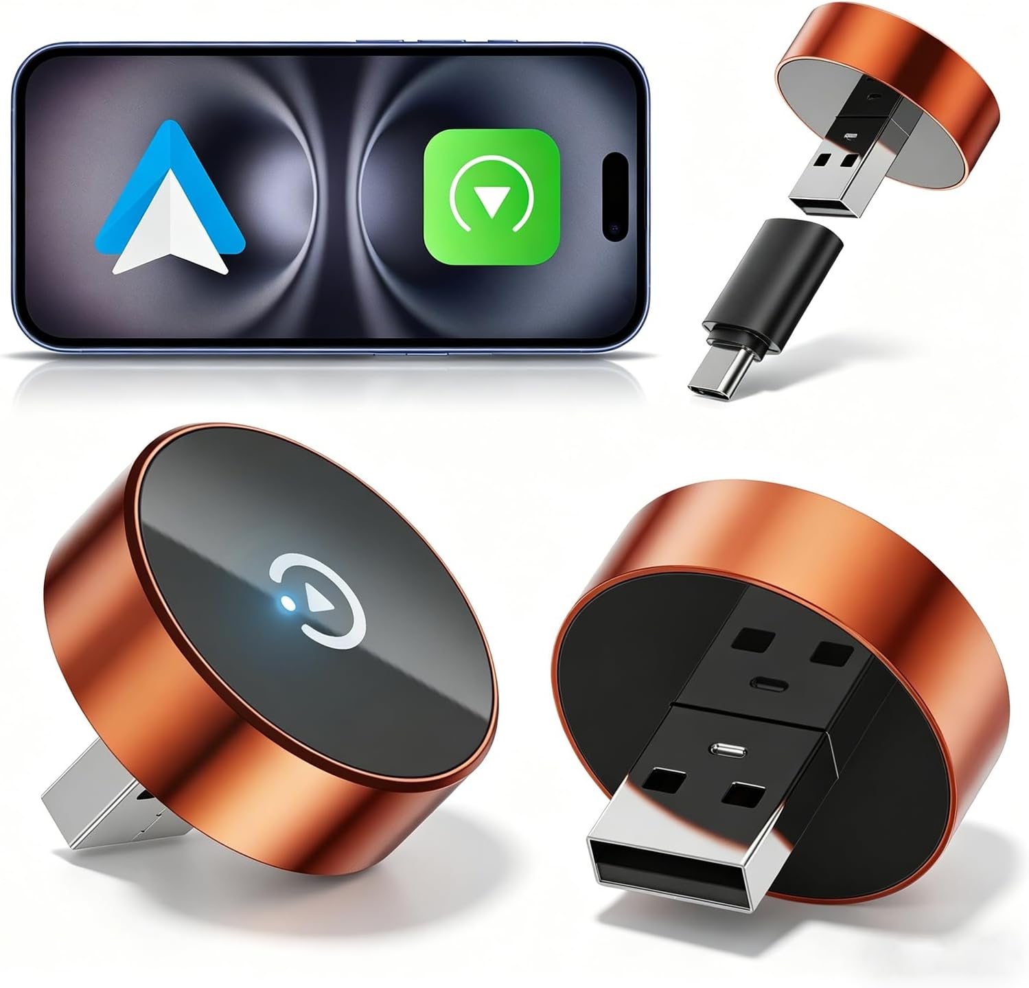 Spedal 2026 Adaptateur sans Fil 2-en-1 CarPlay & Android Auto – WiFi 6, faible latence, USB-C/ USB-A (Rond Orange)