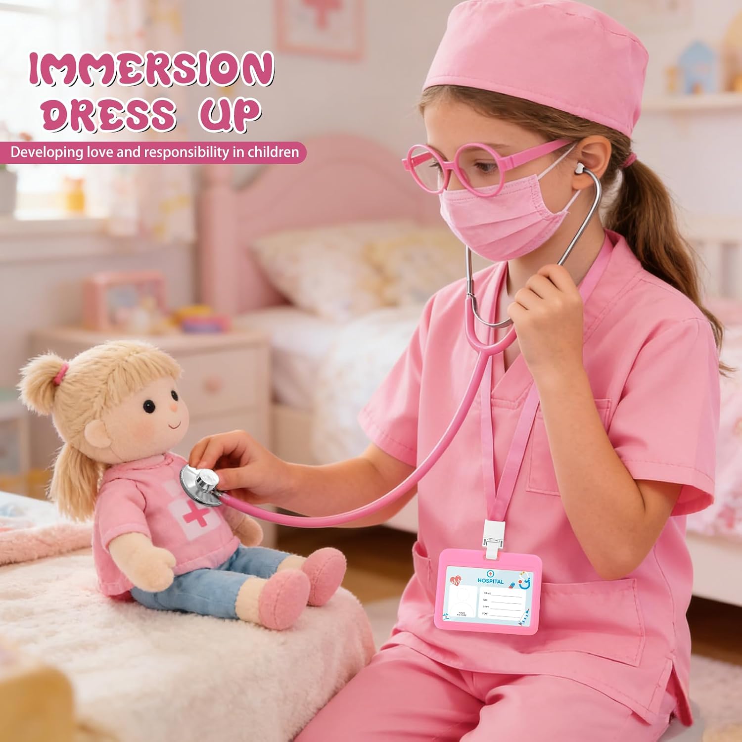Detalle 1 de Wuclad 7-Piece Kids' Doctor Costume Scrubs with Working Stethoscope