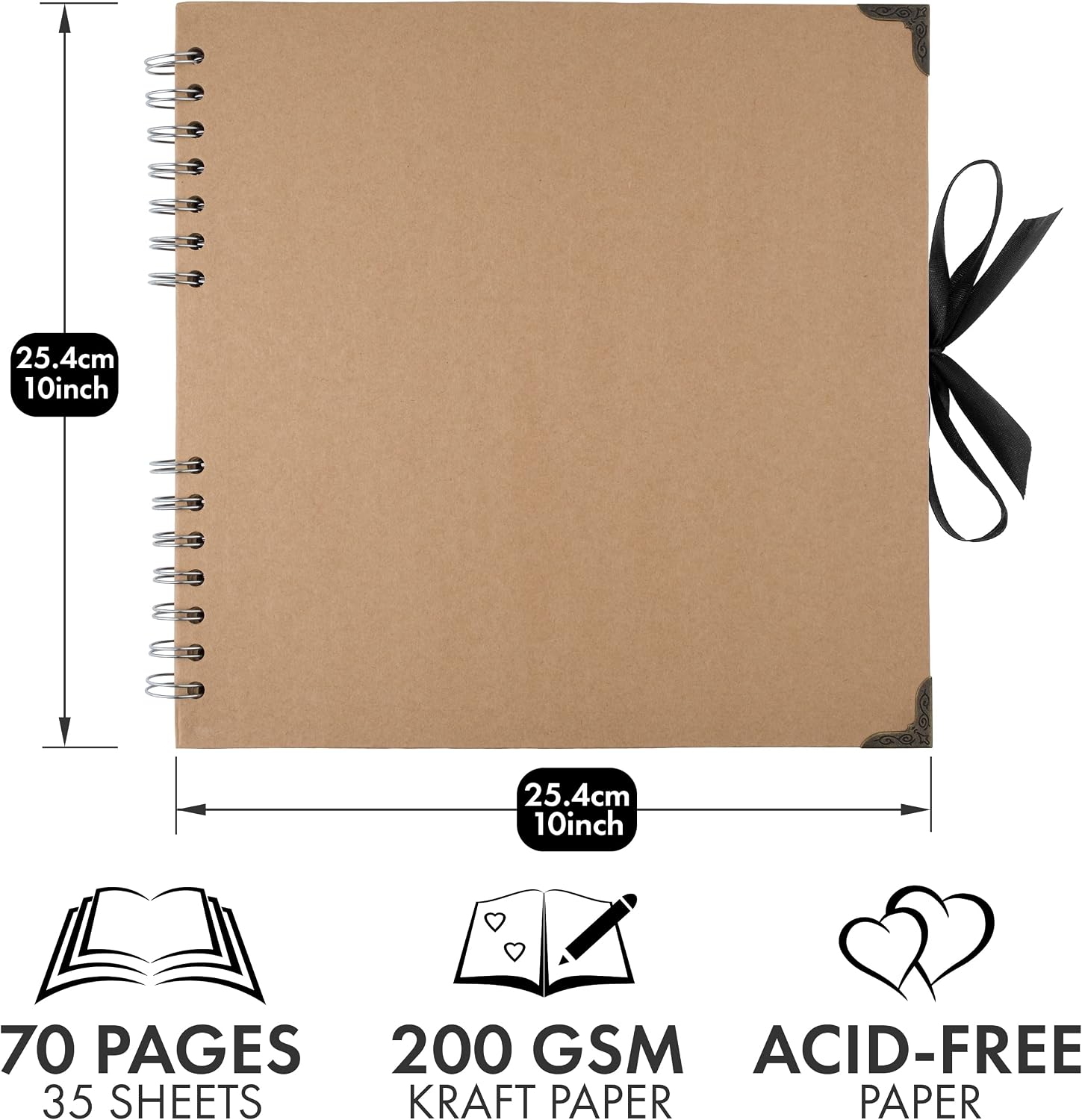 Thumbnail 1 de Bstorify Large Scrapbook 25.4 x 25.4 cm | 70 Pages Kraft Paper Memory Book with Ribbon Closure