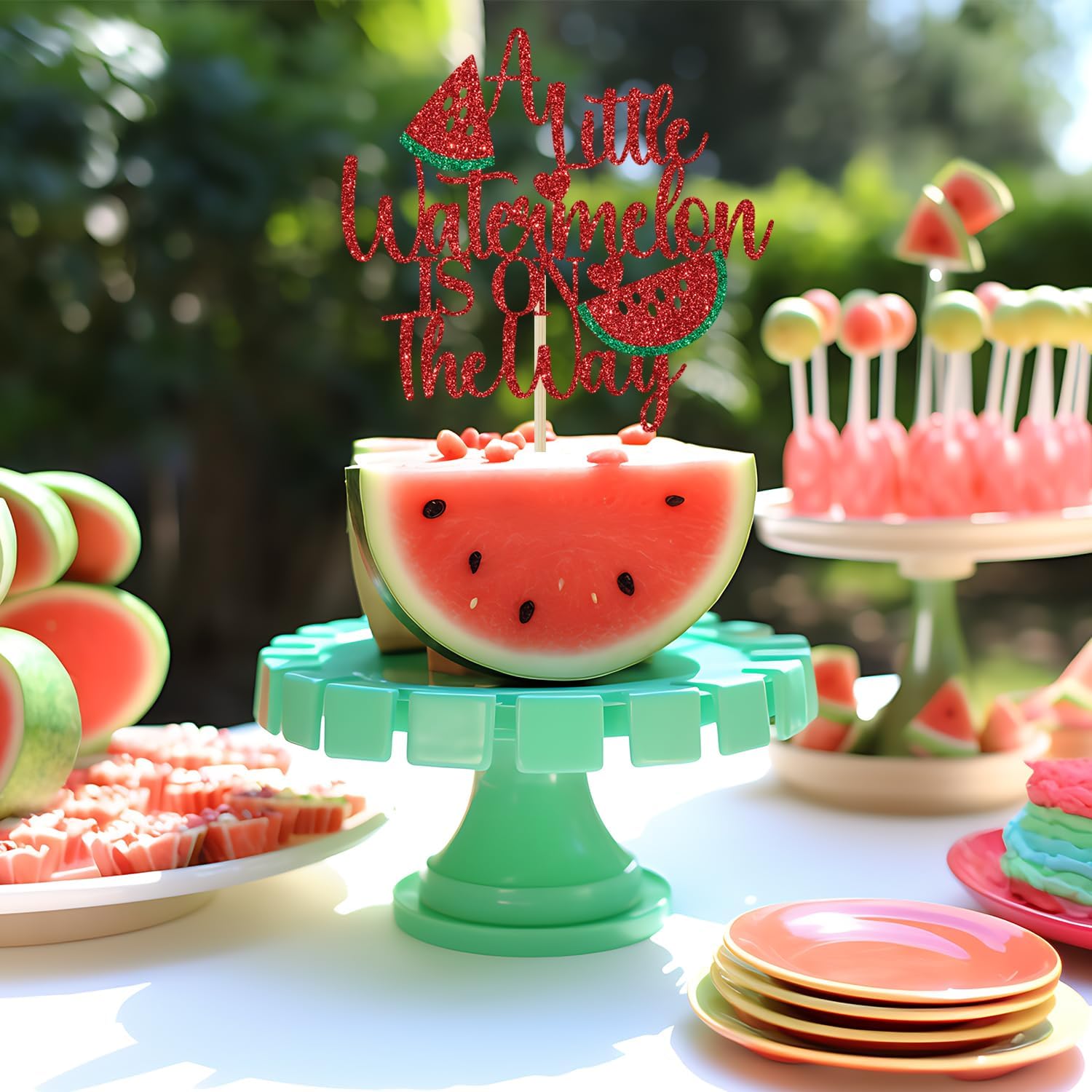 Detalle 1 de Calarjeta A Little Watermelon Is on the Way Cake Topper, Red Glitter Paper, 5.9 x 4.2 Inches