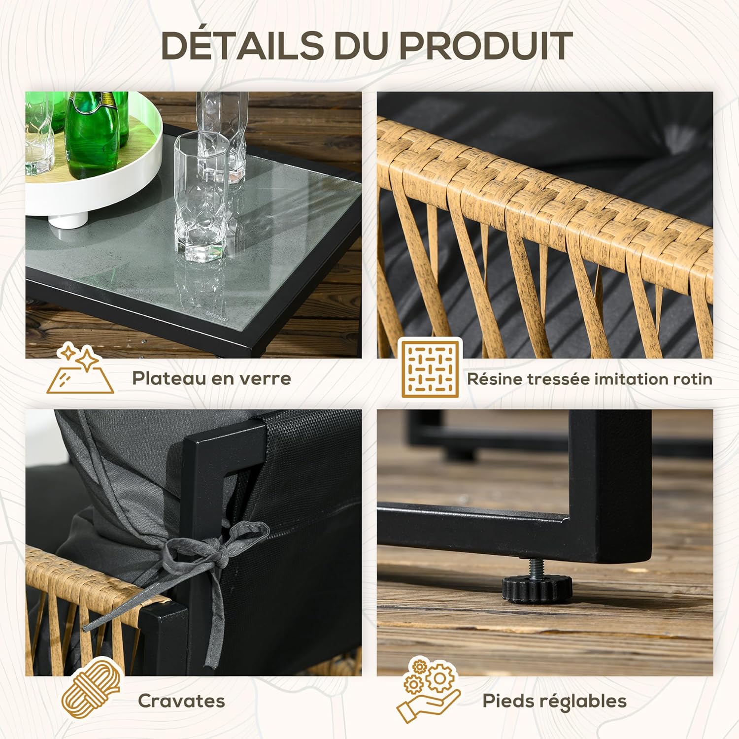 Detalle de Outsunny Salon de Jardin Extérieur 4 Pièces - Canapé 2 Places, 2 Fauteuils et Table Basse en Résine Tressée Gris