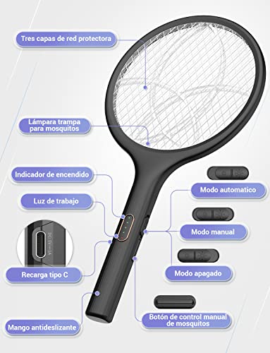 Thumbnail 6 de YISSVIC Raqueta Matamoscas Eléctrica 2 en 1 4000V USB Recargable 1500mAh – Negro