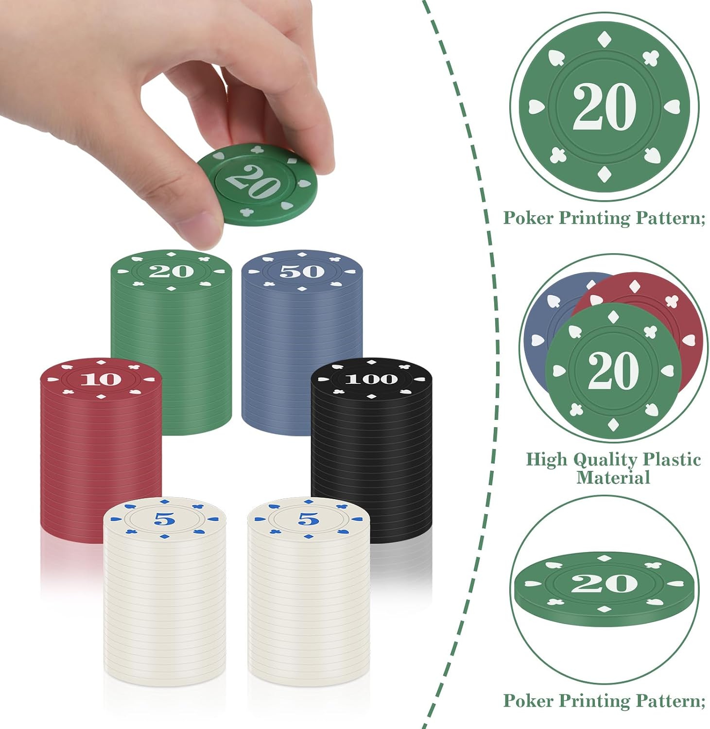 Detalle de Zocipro pokerchips, 120 marker i fem valörer med sammetspåse
