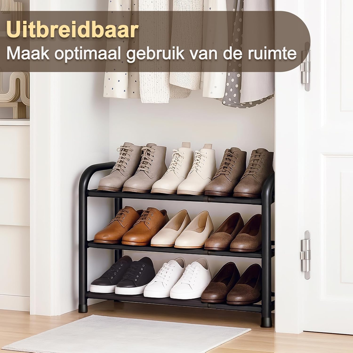 Detalle de MIKVOYO uitschuifbaar schoenenrek, 3 niveaus, zwart metaal, 45–80 cm