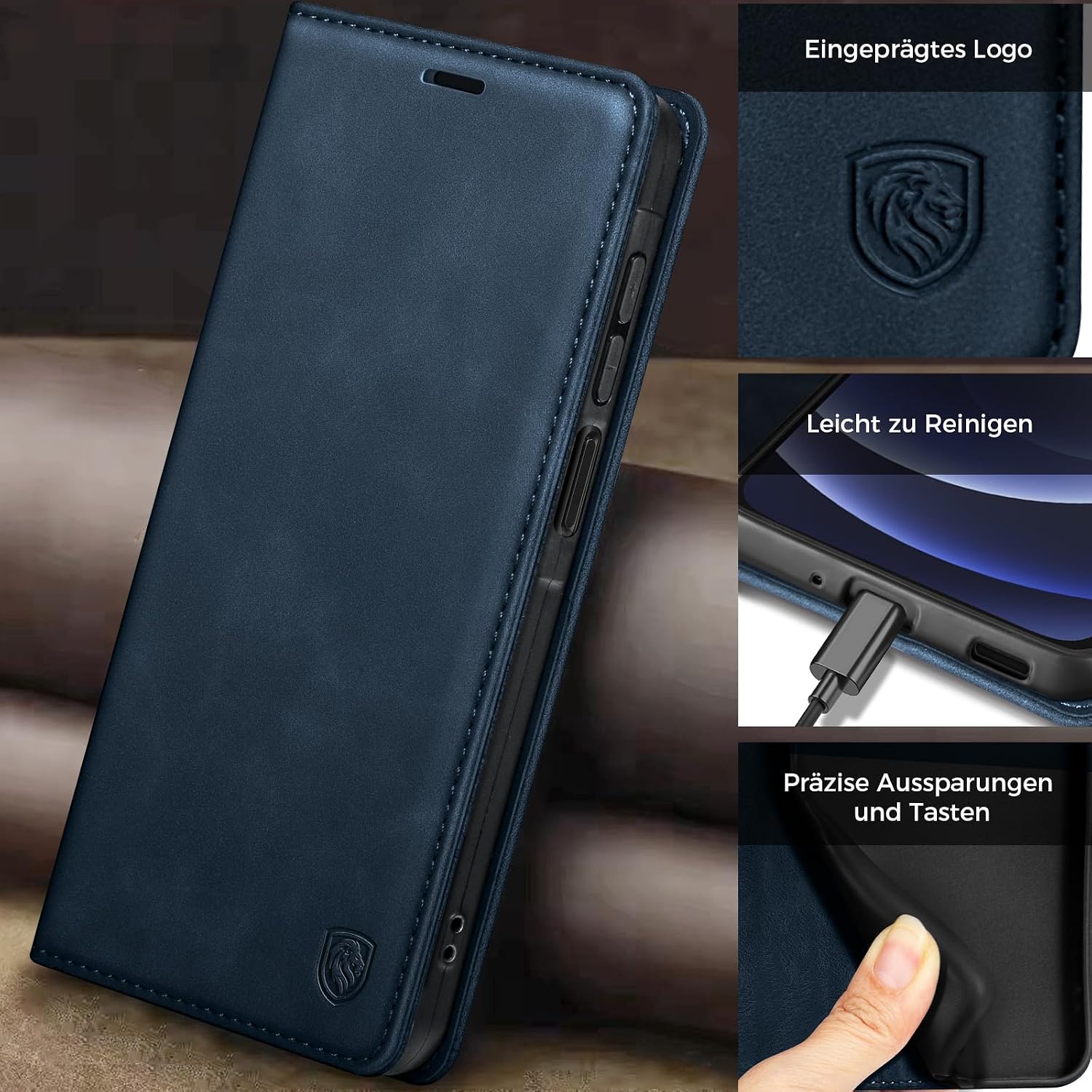 Detalle 2 de AIMOYU Flip Case für iPhone 12/12 Pro – Blau, Premium PU-Leder, Kartenfach, Standfunktion