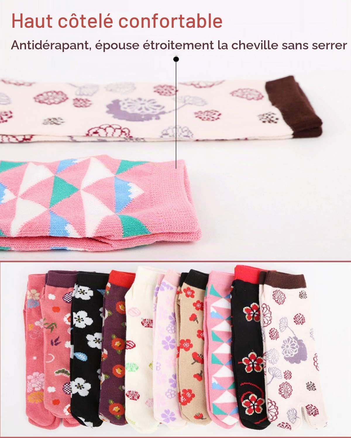 Detalle 2 de ZFSOCK Japanse tabi-sokken voor dames, katoenmix, sakurapatroon, 4 paar