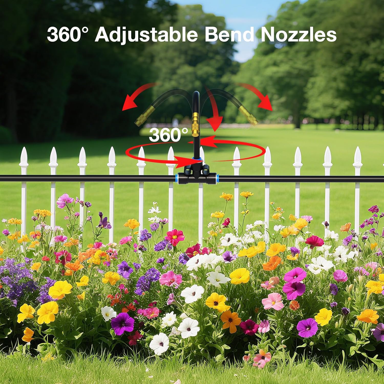 Detalle de MIXC 360° Adjustable Irrigation System Kit, 100 FT Quick-Connect Drip Irrigation – 16 Brass 360° Nozzles with 1/4" Tubing