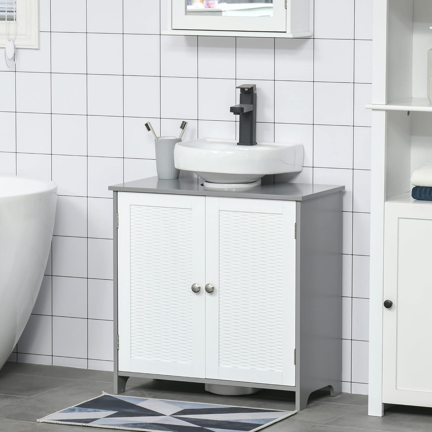 Thumbnail 1 de Kleankin Meuble sous lavabo - Évier | Placard 2 portes avec étagère, 60 x 30 x 60 cm, gris/blanc