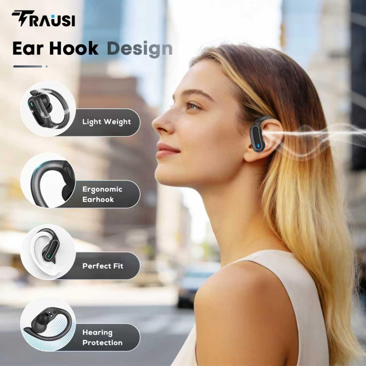 Thumbnail 1 de TRAUSI Wireless Earbuds (Bluetooth 5.3) with Noise Cancelling Mic, IPX7 for Workout & Running – Black