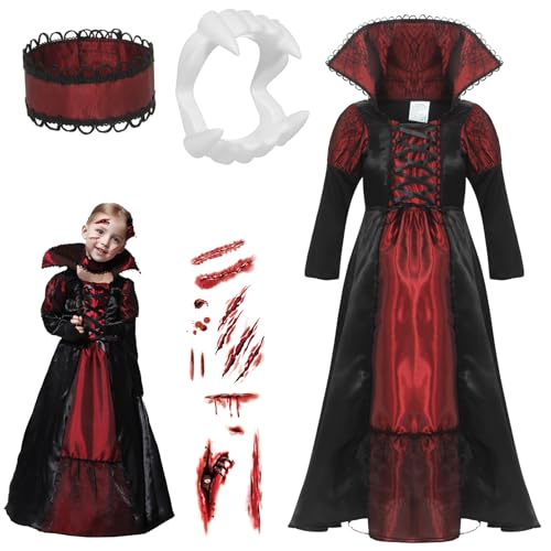 Thumbnail 2 de GEMVIE costume da vampira per bambine, abito lungo rosso e nero con cravatta