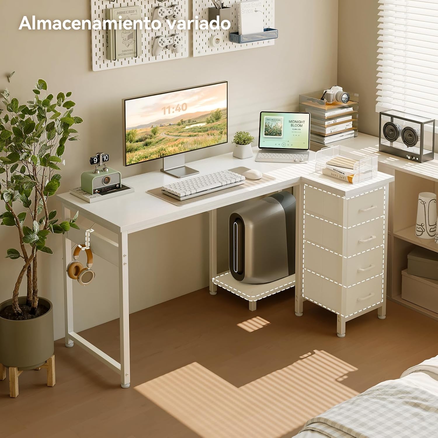 Detalle 1 de Coleshome ZJZ-ZX4D hörnskrivbord 120 × 70 cm med fyra tyglådor, vitt