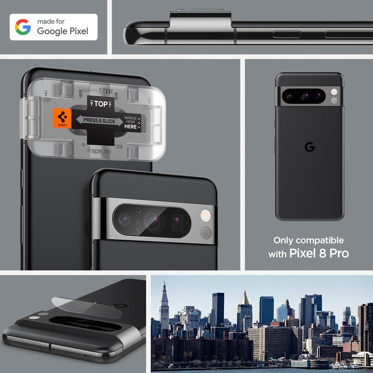 Detalle 2 de Protection d’objectif caméra arrière en verre trempé Spigen Glas.tR EZ Fit pour Google Pixel 8 Pro (2 pièces) – Claire, 9H