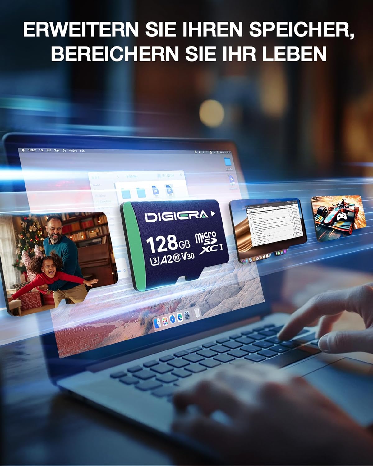 Thumbnail 6 de DIGIERA 128 GB microSDXC CT100 mit Adapter – UHS‑I, C10, U3, V30, A2, Full HD, kompatibel mit Smartphones, Kameras und mehr