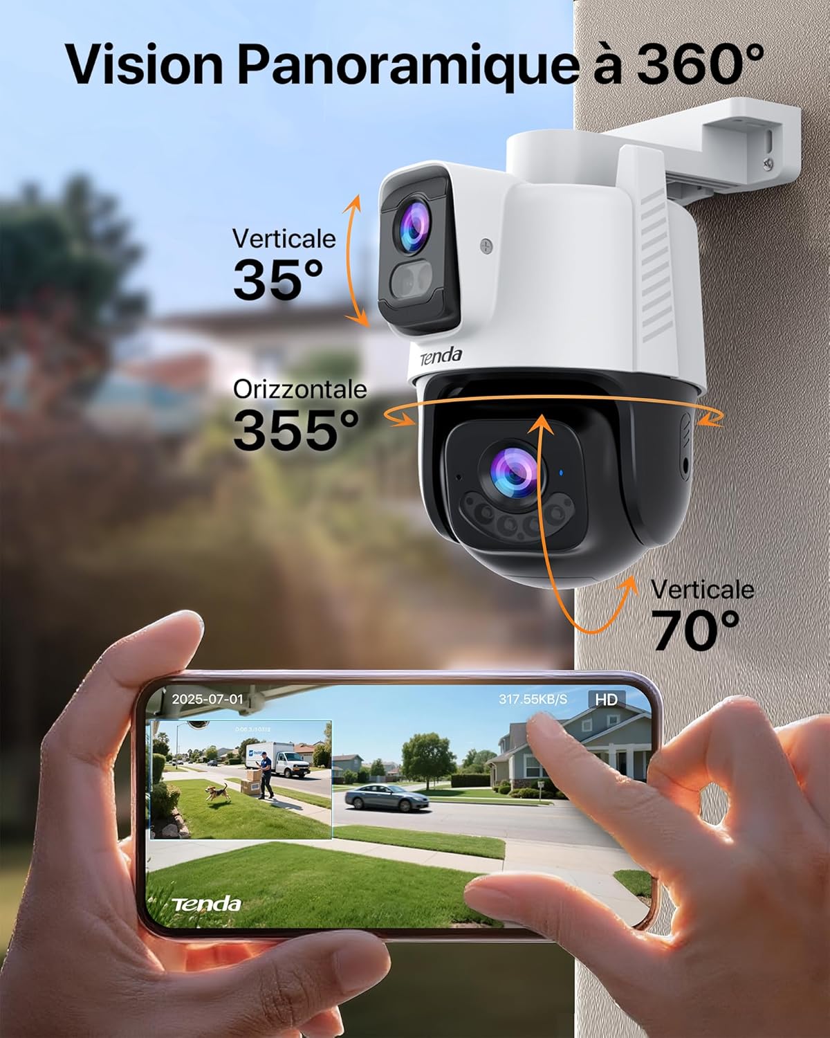 Thumbnail 3 de Tenda CH9 Caméra de surveillance WiFi extérieure double objectif 2K+2K, PTZ 360° et vision nocturne couleur