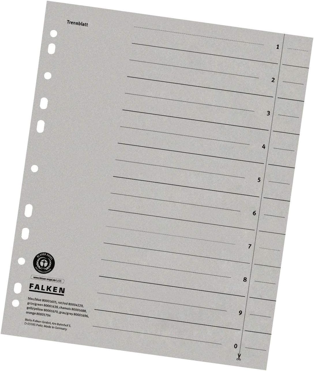 Falken Lot de 100 intercalaires gris – recyclé, format A4, fabriqué en Allemagne