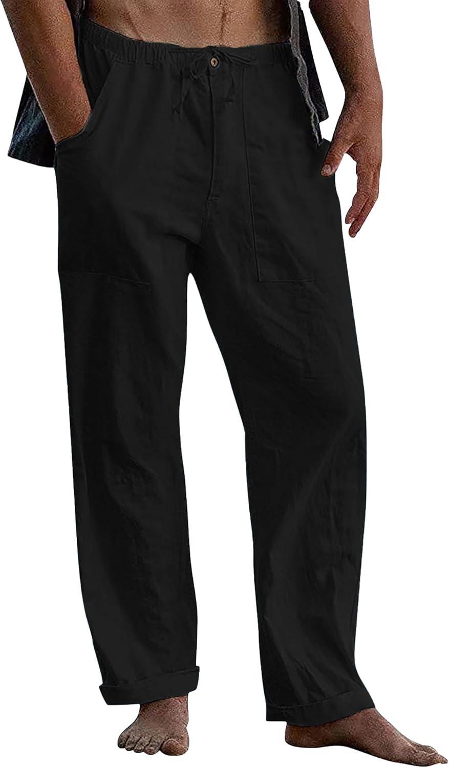 Detalle de LVCBL Leinenhose Herren – lockere Leinen-Hose mit elastischem Bund und Taschen