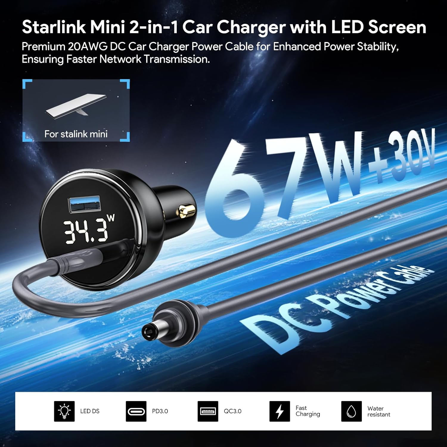 Thumbnail 1 de EDUP Star Link Mini car adapter with DC power cable (12V–24V) and 3M waterproof charging lead